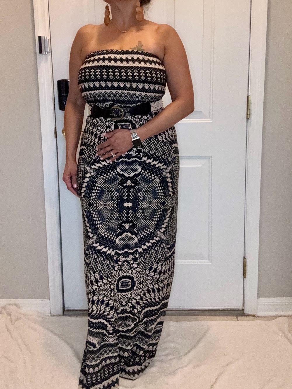 Arden B Black and Cream Strapless Patterned Maxi Dress